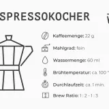 Espressokocher-Anleitung: 22g Kaffee, Mahlgrad fein, 60ml Wasser, 100°C, 1 Min. Laufzeit.
