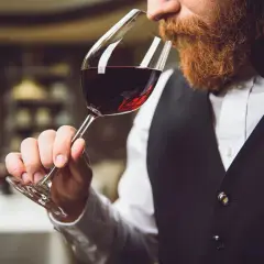 Ein Sommelier mit Bart riecht an einem Glas Rotwein. Er trägt eine Weste und ein Hemd.