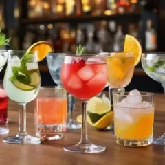 Eine Auswahl an bunten Cocktails, einige mit Gin, garniert mit Früchten und Kräutern, stehen auf einer Holztheke.