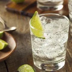 Erfrischender Gin Tonic mit Limette. Die Zitrusscheibe und Eiswürfel deuten auf die belebende, gesundheitliche Wirkung hin.