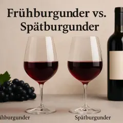 Zwei Gläser Rotwein, Frühburgunder und Spätburgunder, daneben eine Flasche und Trauben. Zwei beliebte Rotwein Sorten.
