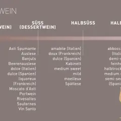 Übersicht über verschiedene wein sorten, von üppig bis halbtrocken, mit Beispielen wie Ausbruch, Eiswein, Spätlese und mehr.