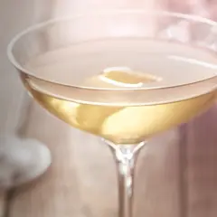 Ein Glas mit trockenem Wermut, garniert mit einer Zitronenscheibe, steht auf einem Holztisch.
