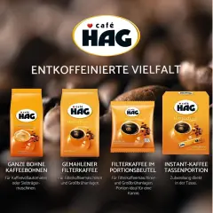 Vier Produkte von Café HAG zeigen die Vielfalt des entkoffeinierten Kaffee-Verfahrens: ganze Bohnen, gemahlener Filterkaffee, Portionen im Beutel und Instant-Kaffee.