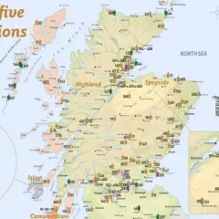 Schottlands fünf Whisky-Regionen: Islay, Highland, Speyside, Campbeltown und die Inseln. Karte zeigt Destillerien.
