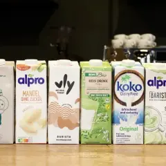 Sechs verschiedene pflanzliche Drinks: Hafer-, Mandel-, Reis-, Kokos- und Sojadrinks. Der Fettgehalt ist bei Milchersatzprodukten oft ein Thema für den perfekten Milchschaum.