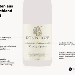 Deutsches Etikett für DÖNNHOFF Riesling Spätlese. Enthält Sulfite, ist aber vegan.
