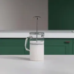 Glas-French Press mit Milchschaum, bereit für den perfekten Cappuccino.