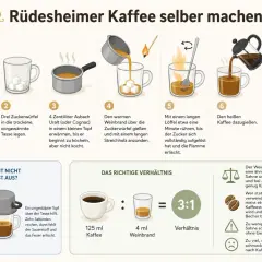 Schritte zur Zubereitung eines Rüdesheimer Kaffees: Kaffee aufbrühen, Zuckerwürfel in Tasse, Weinbrand erwärmen, anzünden, rühren, Kaffee angießen, mit Sahne und Schokolade garnieren.