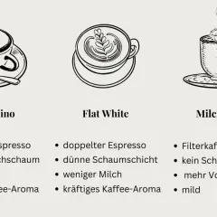 Drei Kaffeesorten: Cappuccino, Flat White und Milchkaffee. Der Milchkaffee hat viel Milch und ist mild.