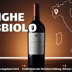 Flasche Langhe Nebbiolo, der Rebsorte, die in Italien angebaut wird. Italienkarte mit Markierung.