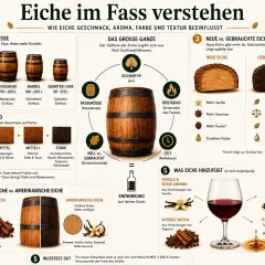 Die crianza bedeutung wird durch Eichenfässer beeinflusst: Größe, Röstgrad, Alter, Herkunft und Zeit. Jede Eiche gibt dem Wein einzigartige Aromen, Farbe und Textur.