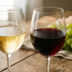 Zwei Gläser Wein, rot und weiß, mit Trauben und Brot. Wein hat Kohlenhydrate, aber diese Kombination ist ein Genuss.