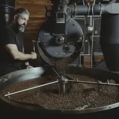 Mann mit Bart bedient Kaffeeröster. Frisch geröstete Bohnen rieseln in die Trommel. Ein Meisterwerk der dritten Welle.