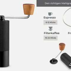 Schwarzer Kaffee-Mahlgrad-Einsteller mit Holzgriff. Empfohlener Mahlgrad für Mokkakanne: 10-14 Klicks.