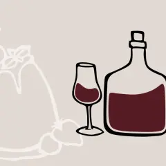 Stilisierte Darstellung eines Kuchens mit Früchten, daneben ein Glas und eine Flasche Rotwein. Der Unterschied Portwein Sherry wird hier visuell angedeutet.
