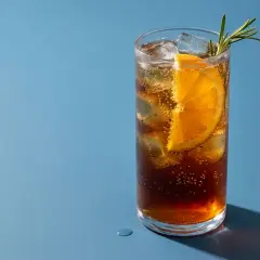 Erfrischender **cold brew cocktail** im Glas mit Eis, Orangenscheibe und Rosmarinzweig auf blauem Hintergrund.
