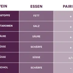 Tabelle zeigt Weinsorten Unterschiede bei Gerbstoffen, Fruchtaromen, Säure, Süße und Alkohol im Vergleich zu Essen (Fett, Salz, Säure, Schärfe, Süße) und deren Pairing.