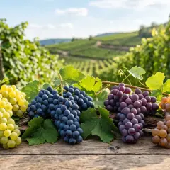Vier Traubenbündel in verschiedenen Farben liegen auf einem Holztisch vor einem Weinberg. Sie repräsentieren bekannte weinsorten.