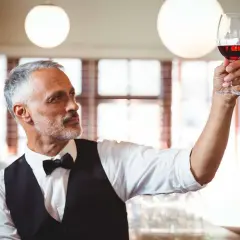 Ein erfahrener Sommelier, ein wahrer **master of wine**, prüft das tiefe Rot eines edlen Tropfens im Glas.
