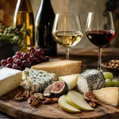 Käseplatte mit Trauben, Feigen, Nüssen und Gläsern mit Weiß-, Rot- und Sekt. Ein Genuss für Liebhaber von gutem Wein und Käse.