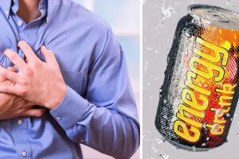 Mann hält sich die Brust, dane eine Dose Energydrink. Eine Koffeingehalt Tabelle könnte hier Aufschluss geben.