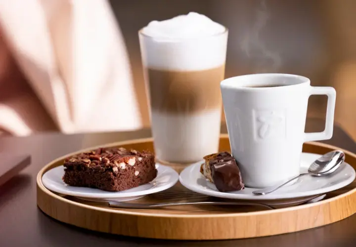 Ein Latte Macchiato mit viel Koffein, dazu ein Brownie und ein Stück Schokolade. Perfekt für eine Kaffeepause.