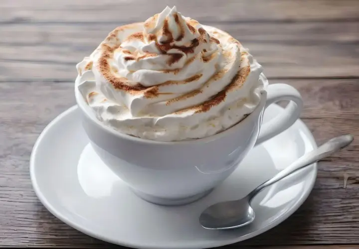 Ein cremiger Kapuziner Kaffee, üppig garniert mit Schlagsahne und Zimt, wartet auf einem Holztisch.