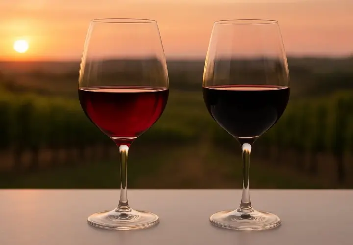 Zwei Weingläser mit Rotwein vor einem Weinberg bei Sonnenuntergang. Ein Glas mit rubinrotem Wein, das andere mit dunklem, fast schwarzem Wein – ein visueller Vergleich von Cabernet Sauvignon vs. Merlot.