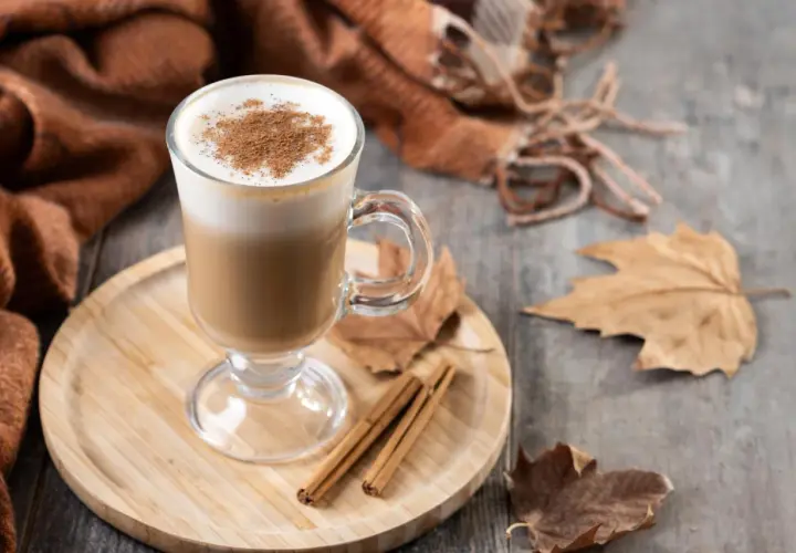 Ein warmer Herbst Kaffee mit Zimt, umgeben von Blättern und einer kuscheligen Decke.