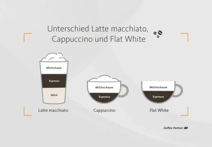 Vergleich von Espresso-Getränken: Latte macchiato, Cappuccino und Flat White mit ihren Schichten aus Milch, Espresso und Milchschaum.