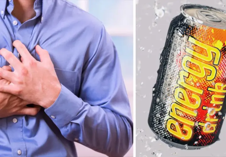 Mann hält sich die Brust, dane eine Dose Energydrink. Eine Koffeingehalt Tabelle könnte hier Aufschluss geben.