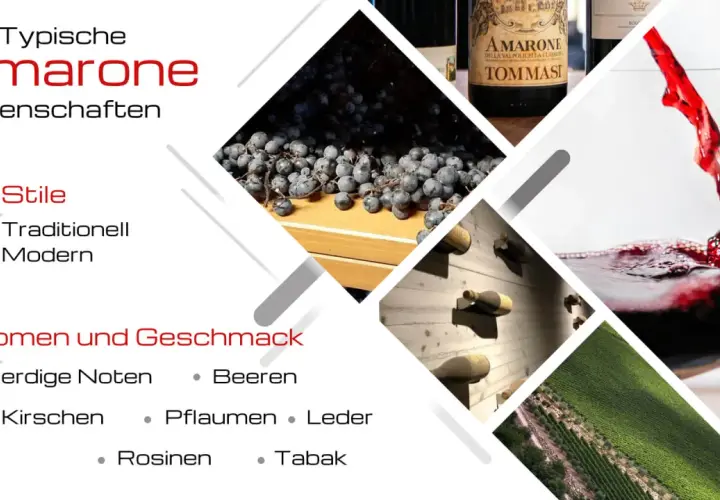 Amarone: Trauben, Flaschen, Wein im Glas, Weinberge. Aromen: Beeren, Kirschen, Pflaumen, Rosinen, Tabak, erdige Noten. Was ist Amarone? Ein italienischer Rotwein.