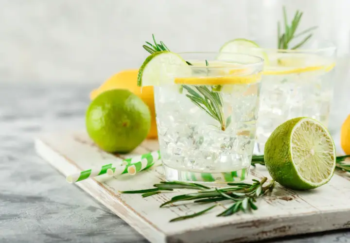 Erfrischende Gin Tonics mit Zitrone, Limette und Rosmarin. Die Frage "wieviel Gin in Gin Tonic" bleibt offen, aber die Zutaten sind perfekt.