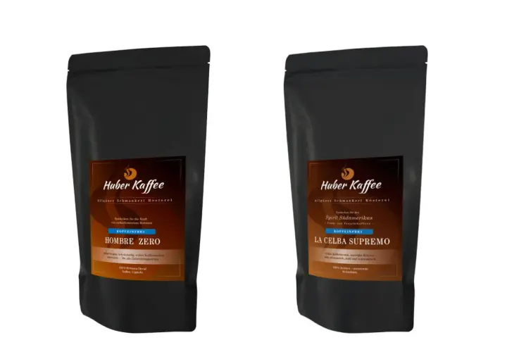 Zwei Packungen Huber Kaffee, "Hombre Zero" und "La Celba Supremo", beide koffeinfrei. Was bedeutet entkoffeiniert? Kaffee ohne Koffein, aber mit vollem Aroma.