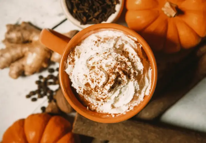 Ein cremiger Pumpkin Spice Latte mit Sahne und Zimt, umgeben von Kürbissen, Ingwer und Gewürzen.