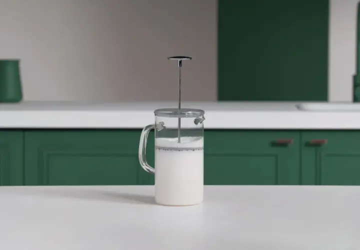 Glas-French Press mit Milchschaum, bereit für den perfekten Cappuccino.