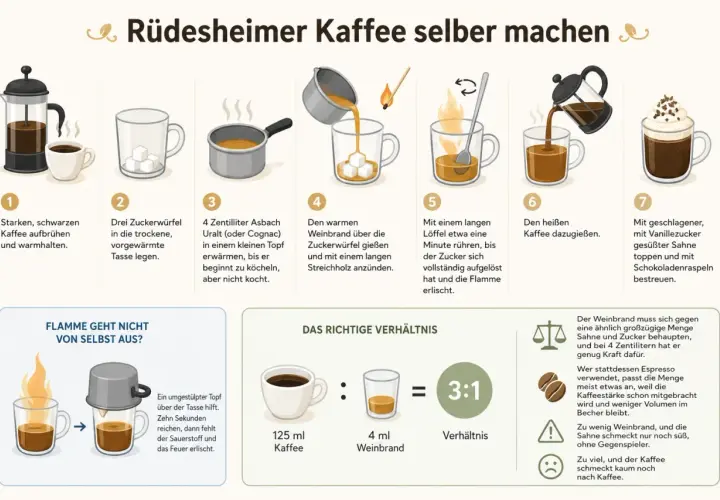 Schritte zur Zubereitung eines Rüdesheimer Kaffees: Kaffee aufbrühen, Zuckerwürfel in Tasse, Weinbrand erwärmen, anzünden, rühren, Kaffee angießen, mit Sahne und Schokolade garnieren.