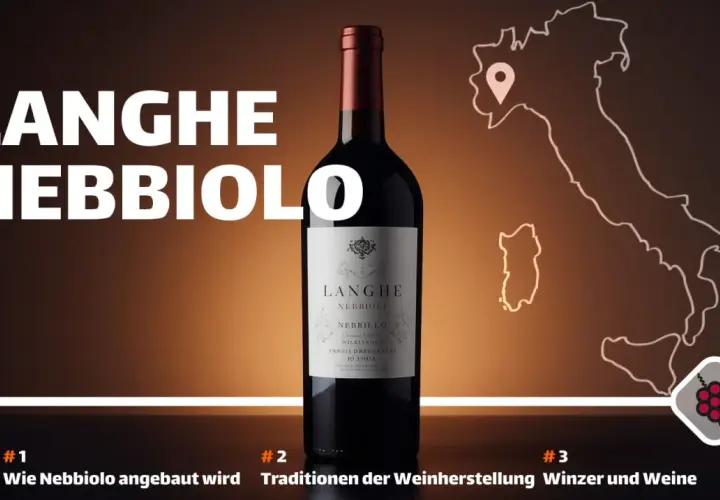 Flasche Langhe Nebbiolo, der Rebsorte, die in Italien angebaut wird. Italienkarte mit Markierung.