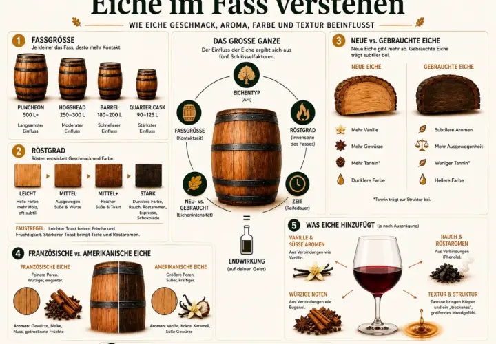 Die crianza bedeutung wird durch Eichenfässer beeinflusst: Größe, Röstgrad, Alter, Herkunft und Zeit. Jede Eiche gibt dem Wein einzigartige Aromen, Farbe und Textur.