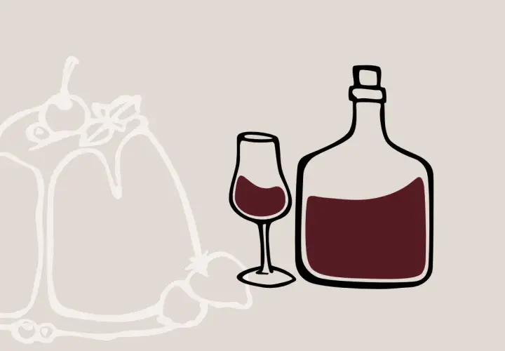 Stilisierte Darstellung eines Kuchens mit Früchten, daneben ein Glas und eine Flasche Rotwein. Der Unterschied Portwein Sherry wird hier visuell angedeutet.
