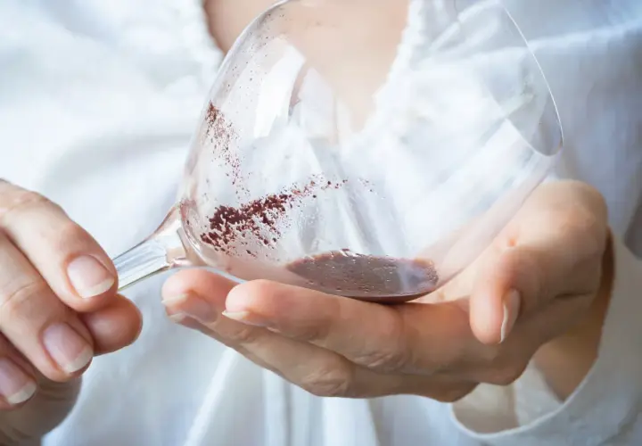 Hände halten ein Weinglas mit Resten von Rotwein. Der Weinstein im Glas schimmert rötlich.