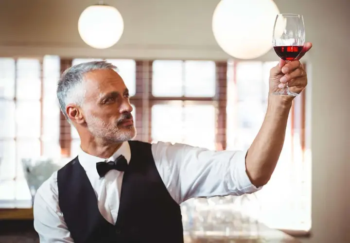 Ein erfahrener Sommelier, ein wahrer **master of wine**, prüft das tiefe Rot eines edlen Tropfens im Glas.