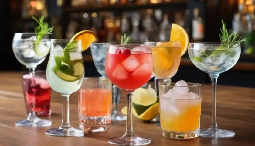 Eine Auswahl an bunten Cocktails, einige mit Gin, garniert mit Früchten und Kräutern, stehen auf einer Holztheke.