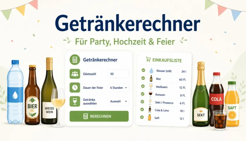 Getränkerechner für Hochzeiten: Wie viel Wein pro Person? Hier wird die Menge für 50 Gäste berechnet.