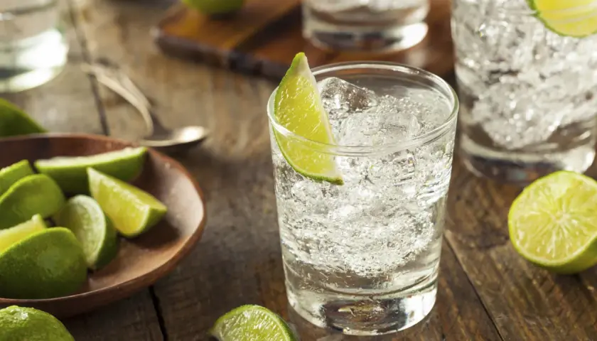 Erfrischender Gin Tonic mit Limette. Die Zitrusscheibe und Eiswürfel deuten auf die belebende, gesundheitliche Wirkung hin.