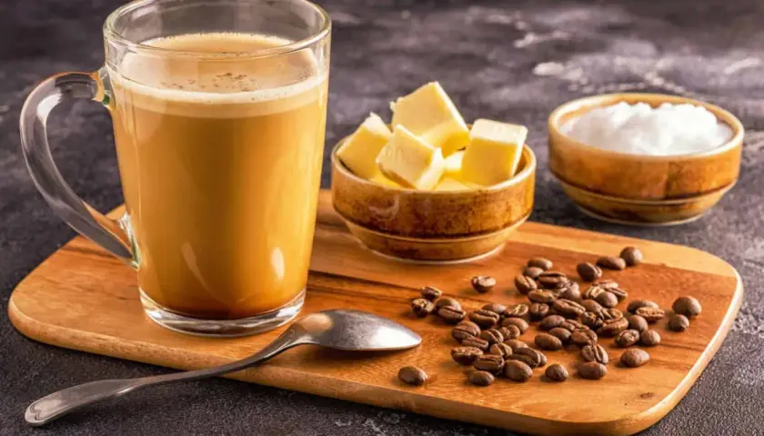 Ein Glas cremiger Kaffee, daneben Butterwürfel und Kokosöl. So wird Bulletproof Coffee zubereitet.