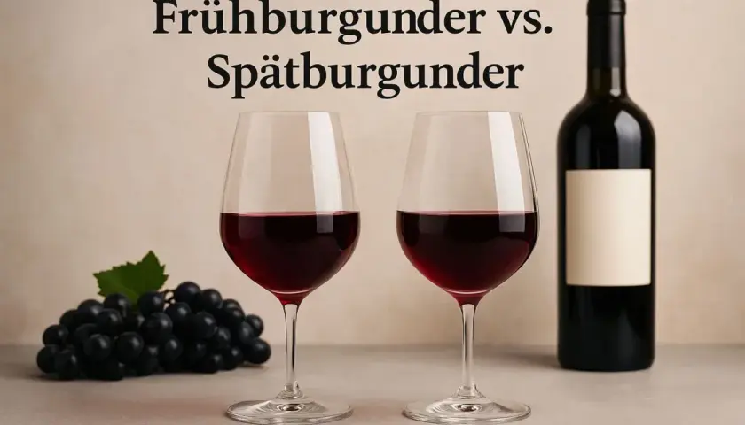 Zwei Gläser Rotwein, Frühburgunder und Spätburgunder, daneben eine Flasche und Trauben. Zwei beliebte Rotwein Sorten.