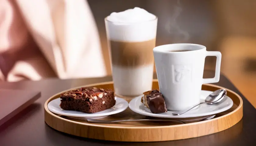 Ein Latte Macchiato mit viel Koffein, dazu ein Brownie und ein Stück Schokolade. Perfekt für eine Kaffeepause.