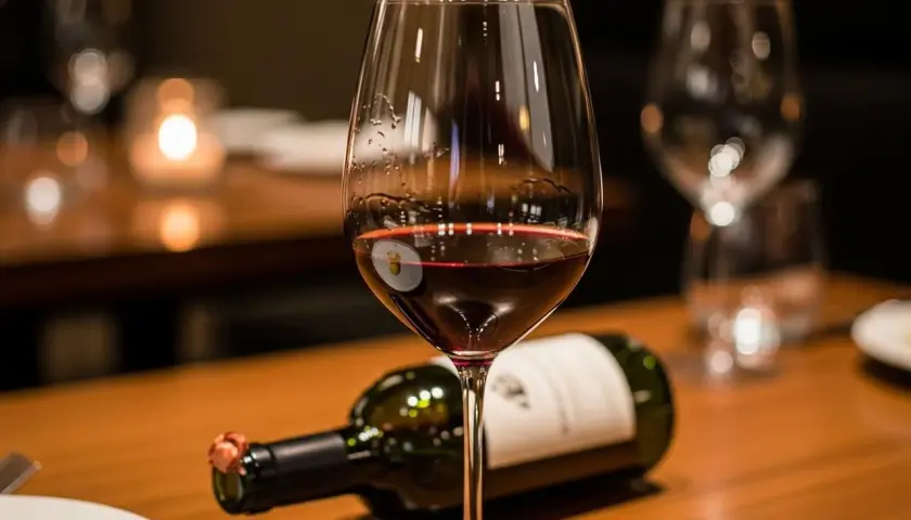 Ein Glas Rotwein mit leichtem Bodensatz beim Wein steht neben einer liegenden Flasche auf einem Holztisch.